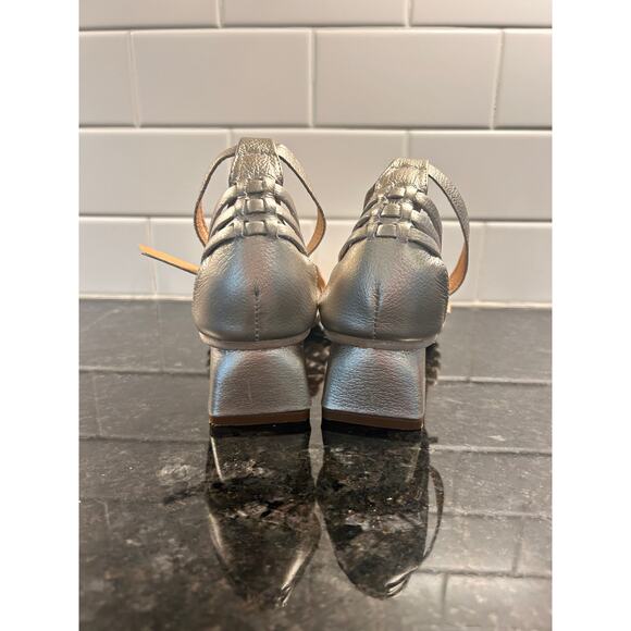 Josh Metallic Silver Woven Leather Slingback Heeled Sandals Party Y2K Size 37 - Picture 5 of 10